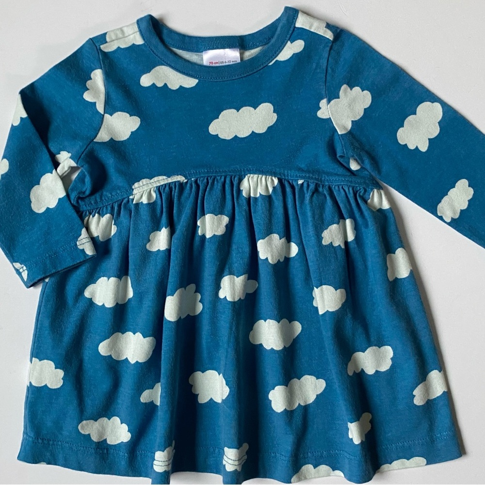 Hanna Andersson Dress Size 70 6-12 Months Clouds Blue White Long Sleeve Cotton